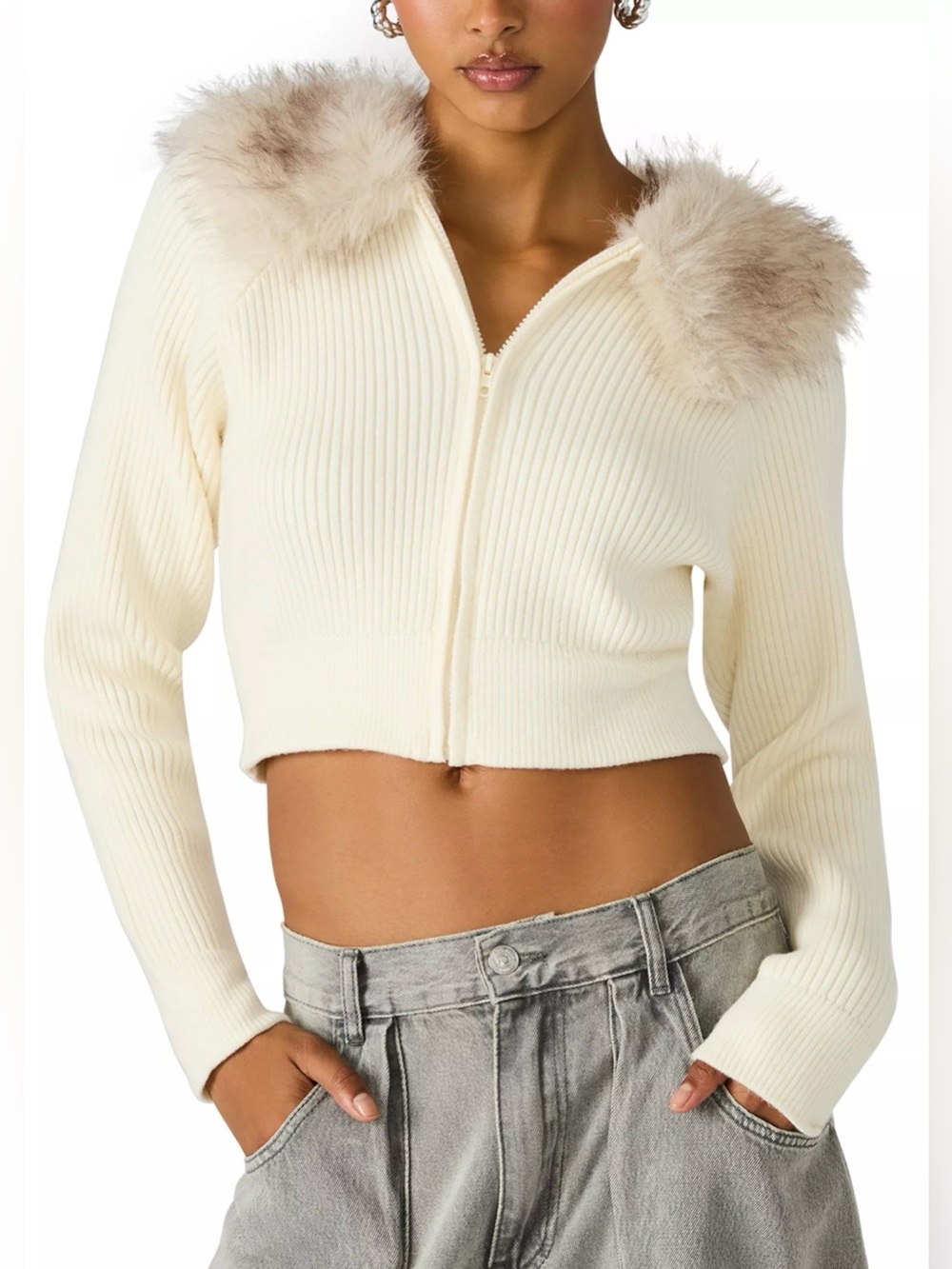 Steve Madden Lysia Cream Cropped Ribbed Zip Sweater with Faux Fur Collar